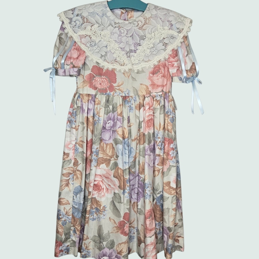 Vtg Kathleen Scott Girls Dress 7 Floral Lace Bib Pageant‎ Cottagecore 80s 90s